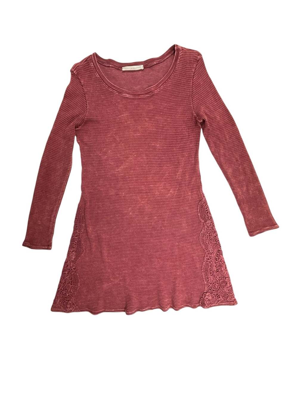 Able Boho Burgundy Waffle Knit Thermal Long Sleeve Dress with Crochet Lace Trim